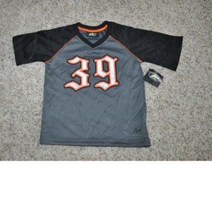 Boys Athletic Shirt 10/12 Short Sleeve V-Neck Gray Black Sport Athletech #39